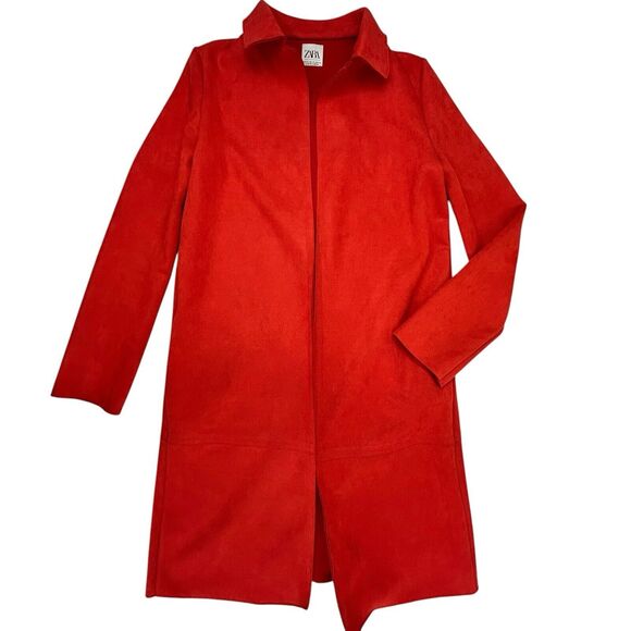 Zara Classic Ultra Suede Midi Coat Women XS Open Front Red - Picture 1 of 7